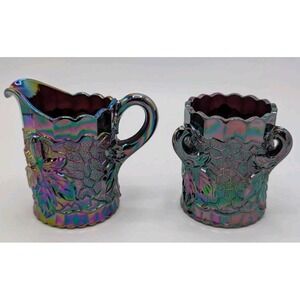 Vintage L.G. Wright Carnival Glass Amethyst Maple Leaf Creamer Sugar Set